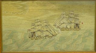 19th century Sailor's wool work picture, depicting French & English Men of War, in maple wood frame,