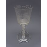 Opaque twist wine glass, the engraved bucket shaped bowl inscribed 'Success to the British Navy',