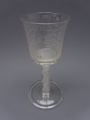 Opaque twist wine glass, the engraved bucket shaped bowl inscribed 'Success to the British Navy',