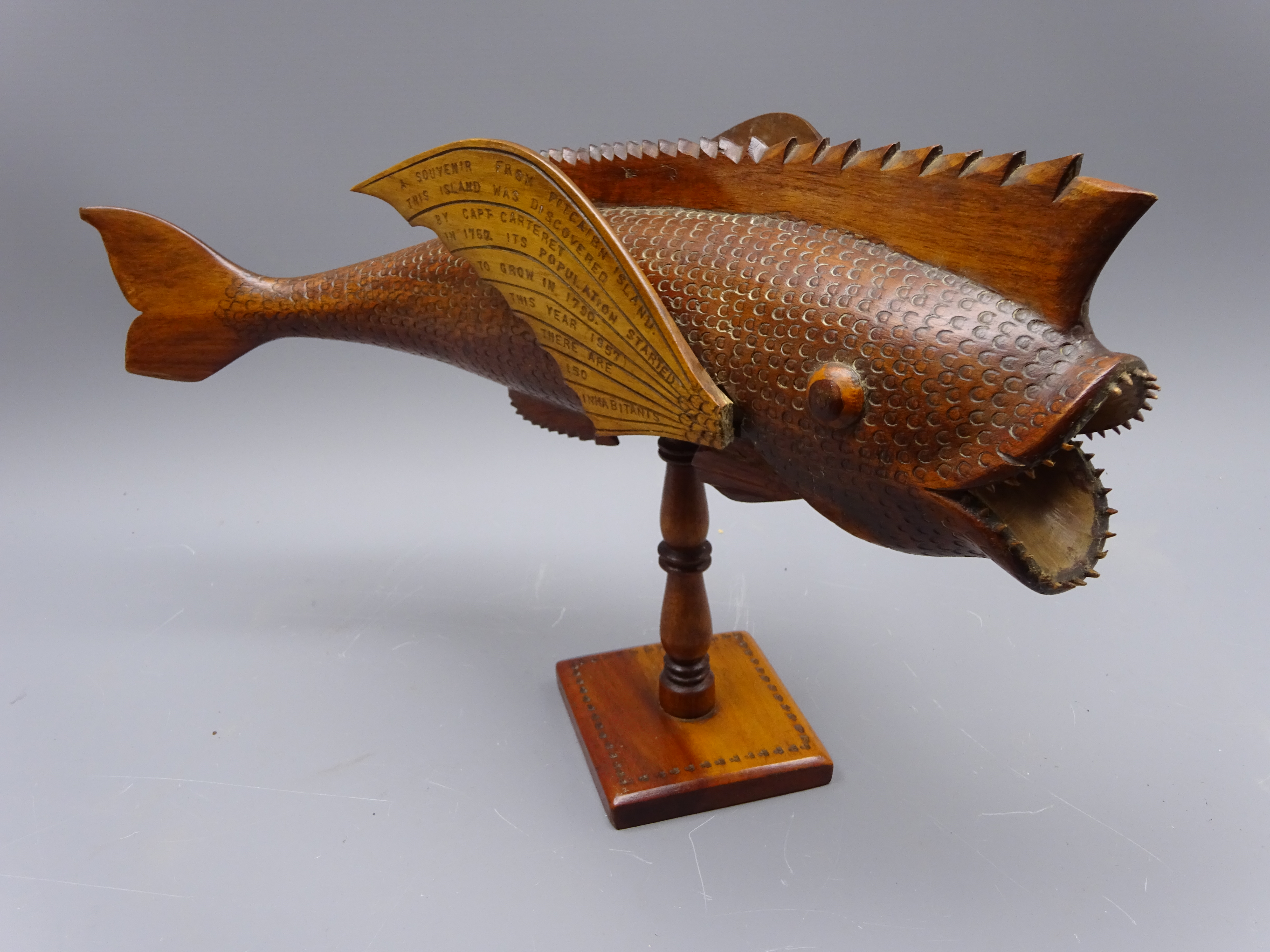 Pitcairn Islands carved wood model of a Fish inscribed 'A Souvenir From Pitcairn Island.