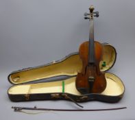 Late 19th century German violin c1880 with 35.5cm two-piece maple back and ribs and spruce top, L58.