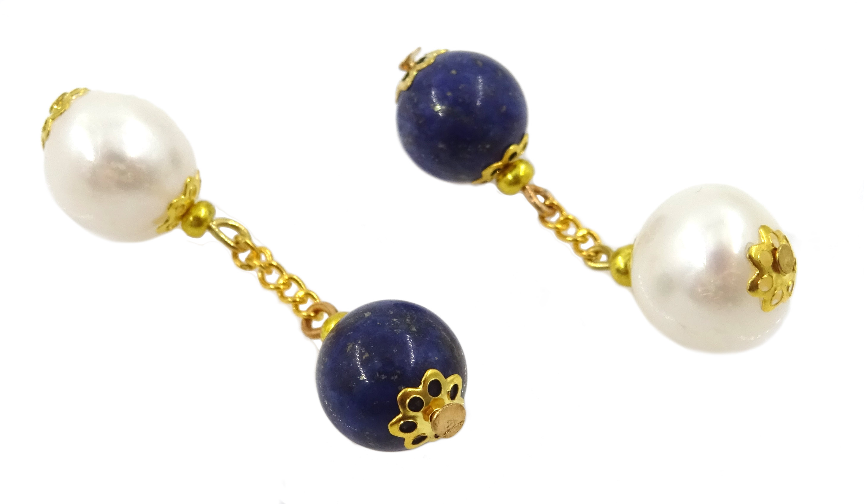 Pair of gilt lapis lazuli and pearl cufflinks