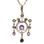 Edwardian gold amethyst and seed pearl pendant stamped 9ct,