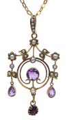 Edwardian gold amethyst and seed pearl pendant stamped 9ct,