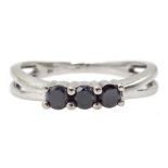 9ct white gold three stone black diamond ring hallmarked Condition Report size