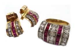 18ct gold (tested) diamond and calibre cut ruby barrel design ring and a similar pair of gold ruby