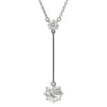 White and yellow gold two old cut diamond drop pendant necklace, the lower larger diamond approx 1.