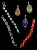 Three silver link bracelets set with coral, amethyst and topaz and three pendants - lapis lazuli,