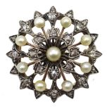 Victorian pearl and diamond circular brooch,