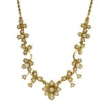 Victorian 18ct gold (tested) split seed pearl flower and foliate design necklace