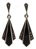 Pair of onyx and marcasite silver pendant earrings stamped 925