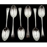 Six Edwardian silver table spoons, Old English pattern by Ackroyd Rhodes; Manoah Rhodes & Sons Ltd,