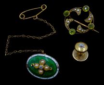Victorian gold green guilloche enamel, split seed pearl and single diamond brooch,