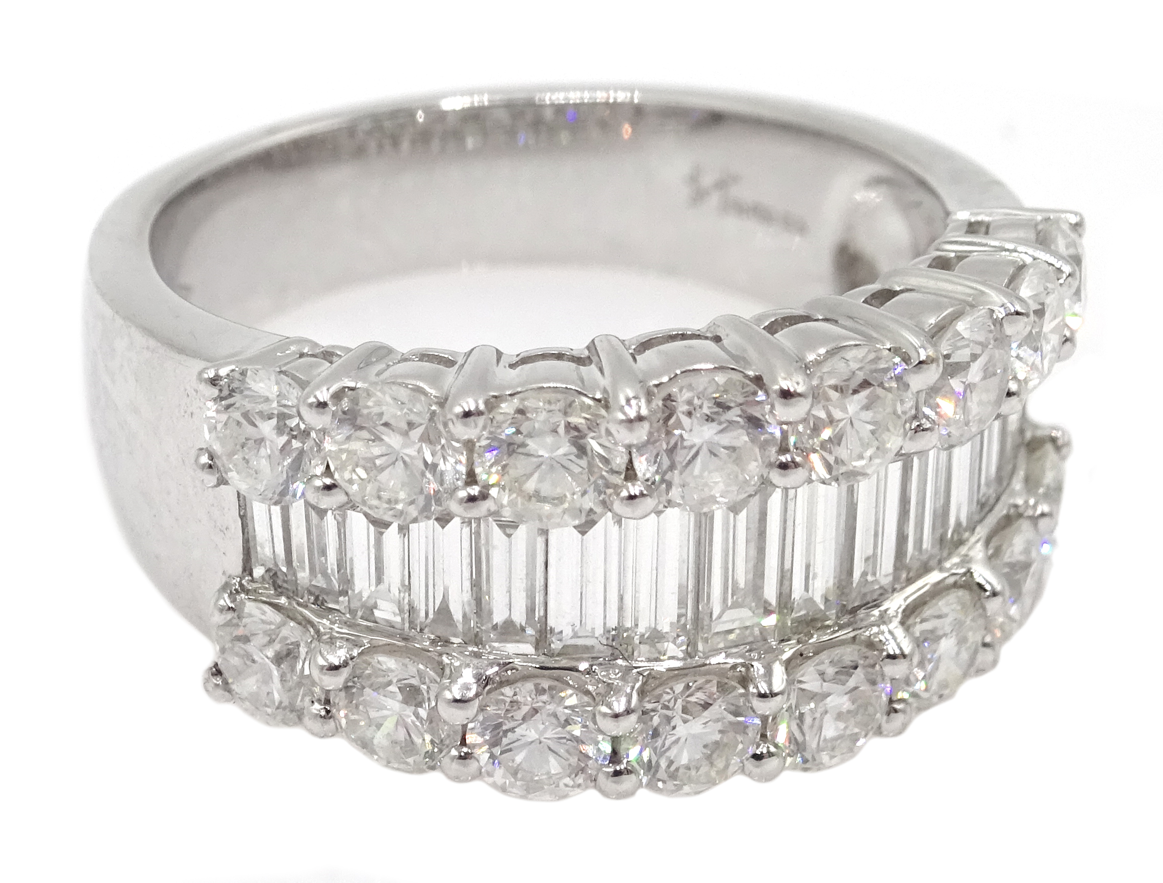 18ct white gold three row round brilliant cut diamond and graduating baguette cut diamond ring, - Image 2 of 5