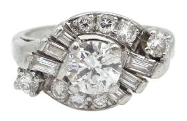 American platinum round and baguette cut diamond asymmetric spray marquise shaped ring,