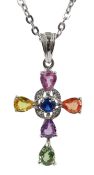 9ct white gold multi-gem stone cross pendant necklace hallmarked Condition Report