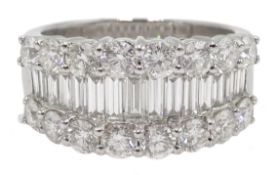 18ct white gold three row round brilliant cut diamond and graduating baguette cut diamond ring,