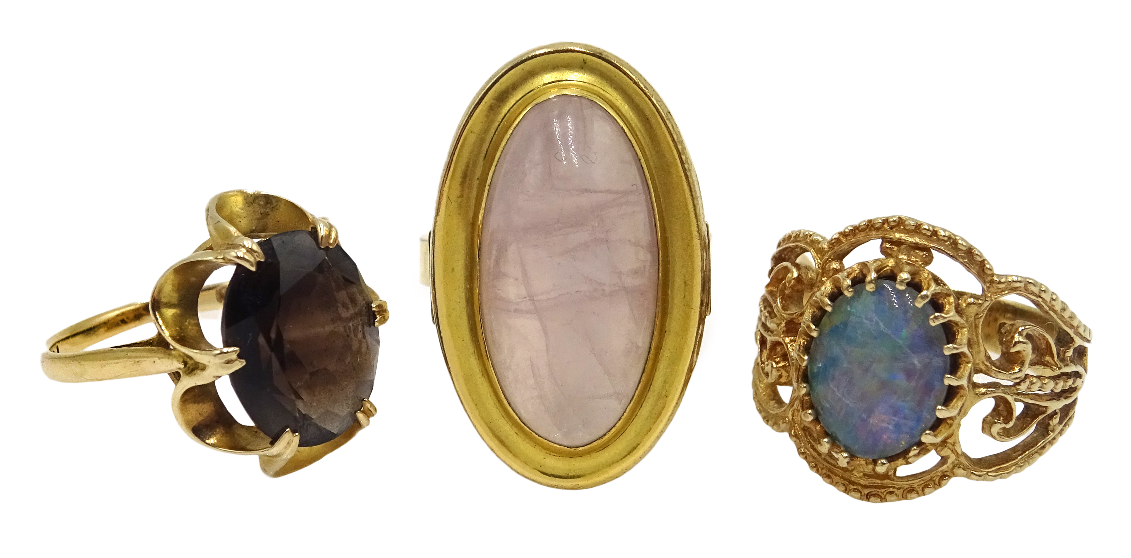 Gold opal filigree set ring, gold smoky quartz ring,