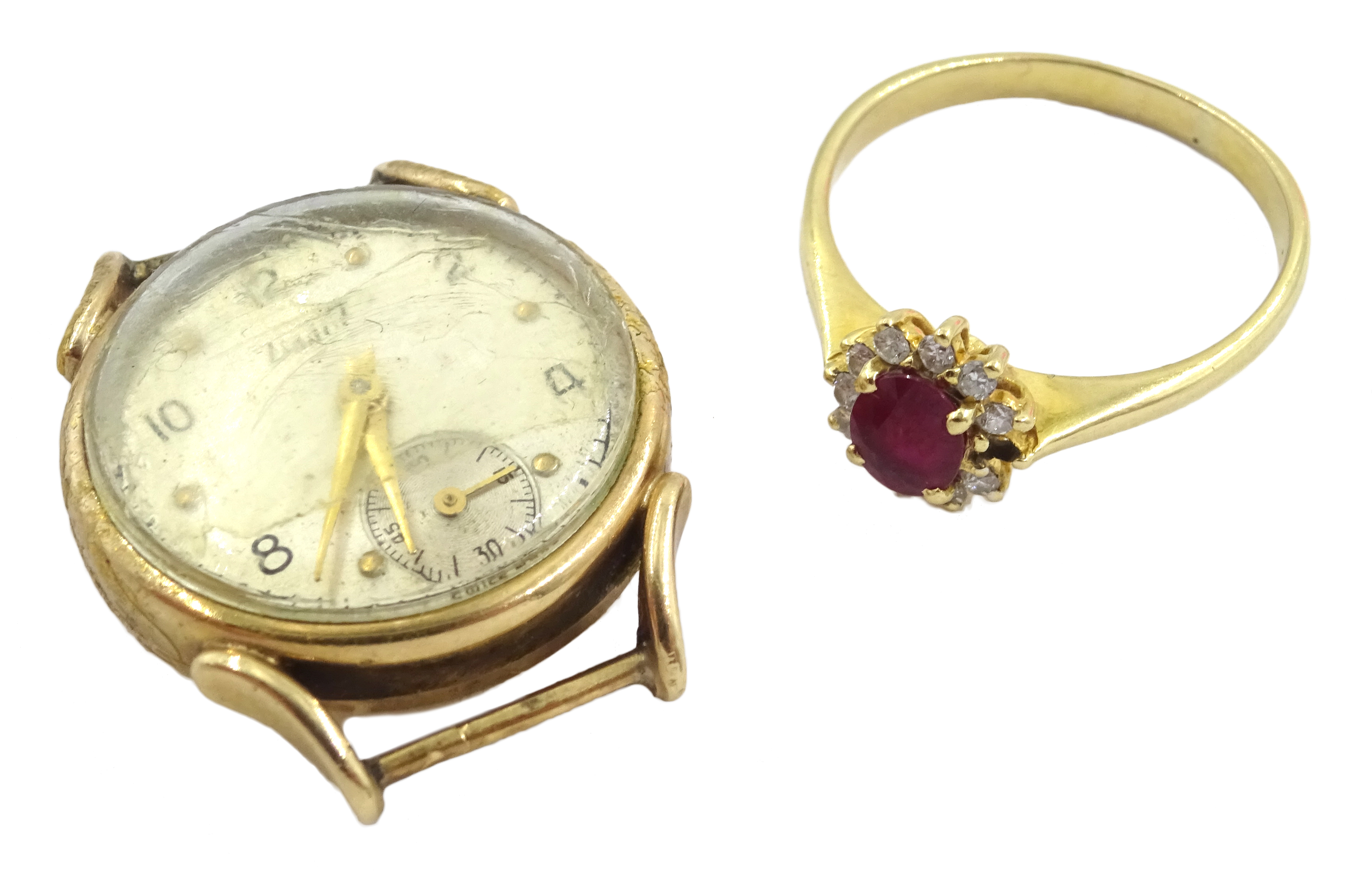 18ct gold ruby and diamond cluster ring, stamped 750 and Tissot 9ct gold wristwatch,