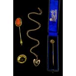 Gold carved coral cameo stick pin, gold pearl stick pin stamped 15ct,