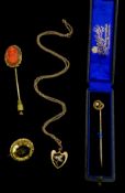 Gold carved coral cameo stick pin, gold pearl stick pin stamped 15ct,