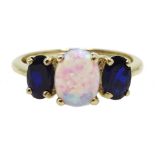 Sapphire and opal three stone 9ct gold ring hallmarked Condition Report size L 2.