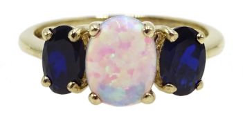 Sapphire and opal three stone 9ct gold ring hallmarked Condition Report size L 2.
