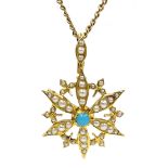Edwardian 15ct gold turquoise and seed pearl star pendant/brooch J.