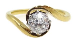 18ct gold (tested) single stone, old cut diamond crossover ring diamond approx 0.
