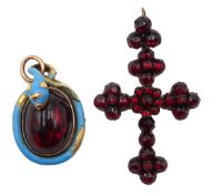 Victorian gold cabochon garnet and blue enamel serpent mourning pendant and Victorian gold mounted