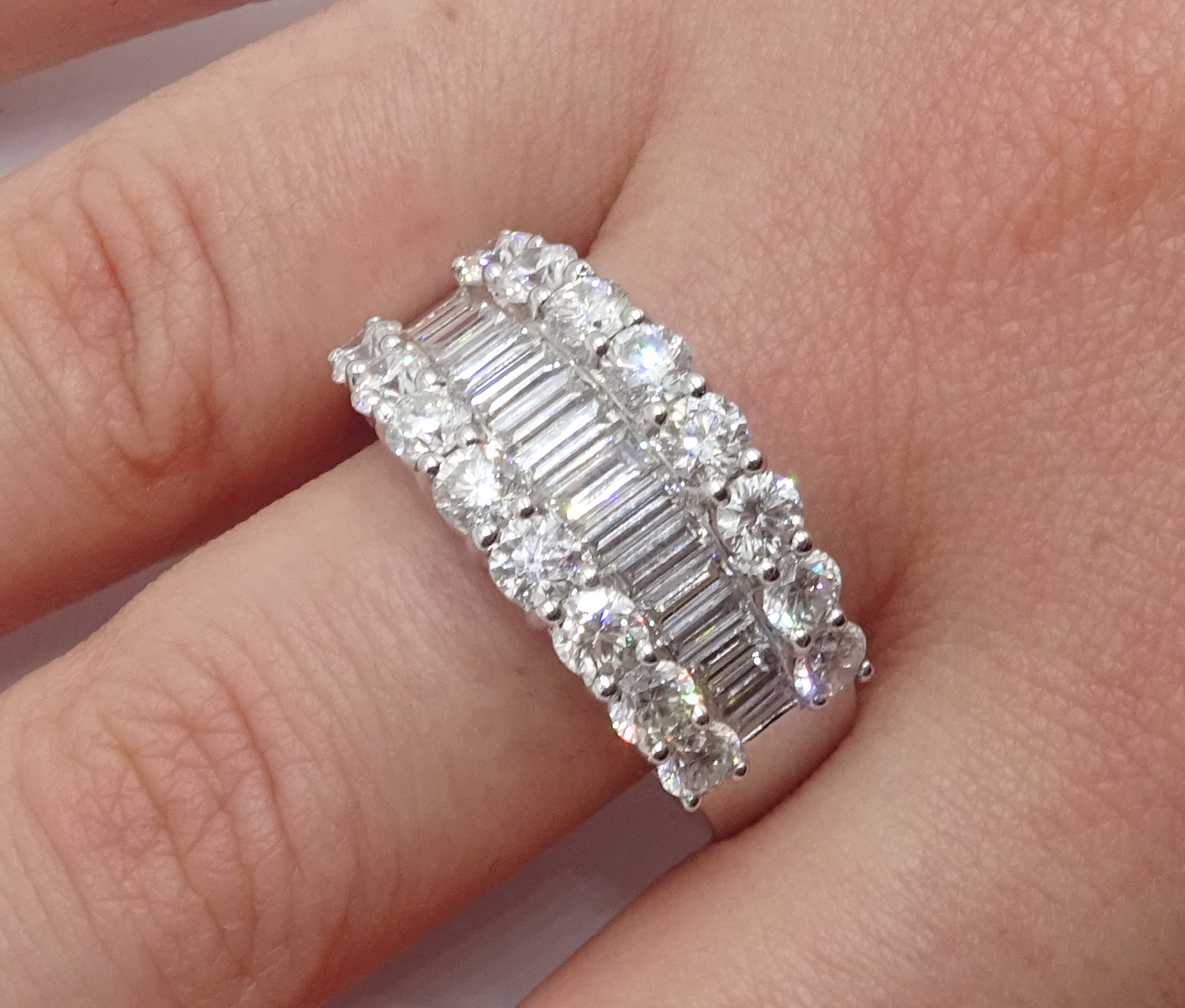 18ct white gold three row round brilliant cut diamond and graduating baguette cut diamond ring, - Image 4 of 5
