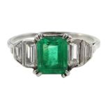 Art Deco platinum (tested) emerald cut emerald and graduating baguette cut diamond five stone ring,