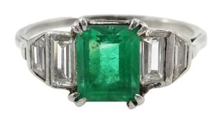 Art Deco platinum (tested) emerald cut emerald and graduating baguette cut diamond five stone ring,