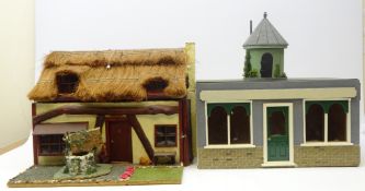1:12 scale model pub, thatched roof, including signs inside and 1:24 scale fairy/hermit type house,