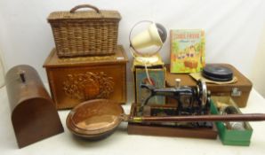 Hexagon sewing machine with case, copper slipper box embossed with coat of arms,