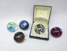 Five Caithness glass paperweights: Firework Orchid, Single Harlequin, boxed, Neon,