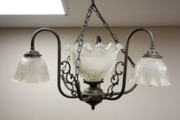 Brass six branch centre light fitting with four Holophane style ribbed glass shades (shade D26cm