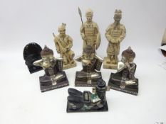 Three Terracotta Army style figures H39cm, three seated Buddha in various poses,
