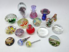 Collection of glass paperweights comprising Millrace glass toadstool, other toadstools, Jellyfish,