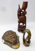 Studio pottery stoneware African mask with copper and marble glass mounts, unsigned,