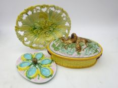 Victorian Majolica Game pie dish & cover decorated in relief with deer and game birds and matching