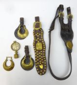19th century leather horse strap bearing shaped brass studs, leather martingale,