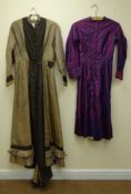 late Victorian silk pinstripe day dress with buttoned front and similar purple silk dress (2)