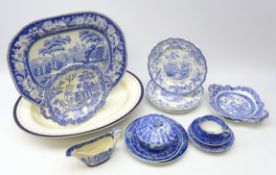 Victorian blue and white transfer meat plate in the 'Wild Rose' pattern, L46cm,
