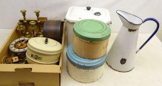Vintage enamel Bread bin and cover, matching jug, vintage cake tins, large brass tap, mantle clock,