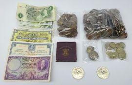 Collection of Great British coins and banknotes including; eleven old round one pound coins,