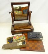 Victorian inlaid chessboard dated 1888, Draughtsmen set, bone and ebony dominoes,