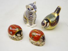 Four Royal Crown Derby paperweights comprising: two Ladybirds, Blue Tit and seated Cat,