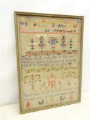 Late Victorian framed needlework sampler worked with the alphabet, flowers, verse,