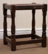 Yorkshire oak stool with plaited leather top on chamfered supports with stretchers, W39cm,
